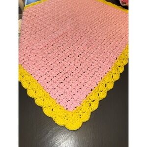 Handmade crochet baby blanket scalloped edge colorful 35x32" Bright Soft